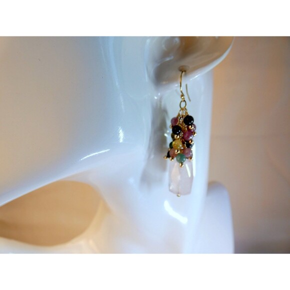 Bubble Gum Rose Quartz-Watermelon Tourmaline Gold Beaded Earrings FUN Pink - Picture 3 of 6